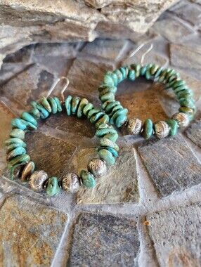 Sterling Silver Genuine Turquoise Beaded Hoop Earrings